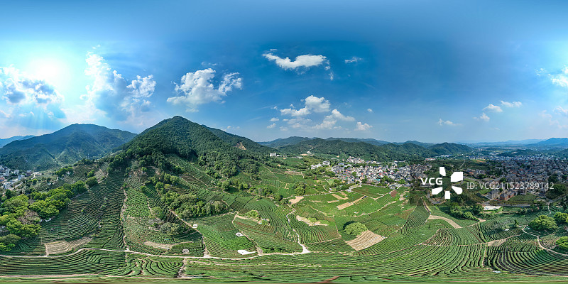 航拍浙江杭州西湖龙井茶园 720度小行星视角VR全景图片 茶山茶树 西湖区外桐坞村画外桐坞景区图片素材