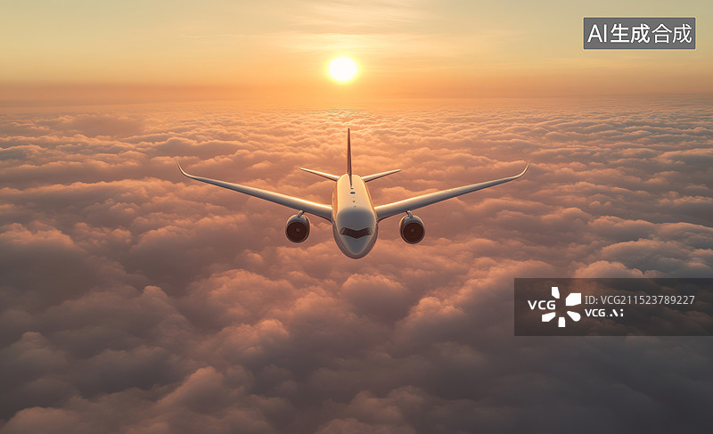 【AI数字艺术】一架私人飞机在夕阳下起飞，机身被夕阳染成橘黄色，远处是城市的剪影图片素材