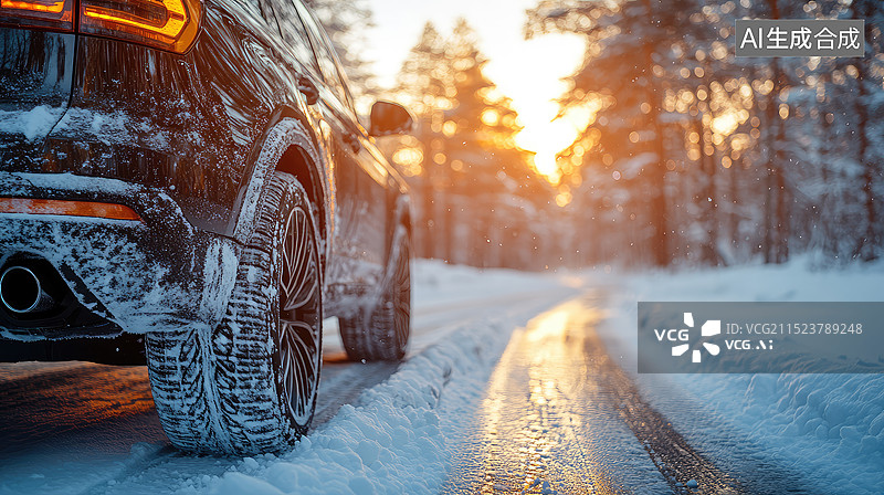 【AI数字艺术】雪天森林中行驶的汽车图片素材