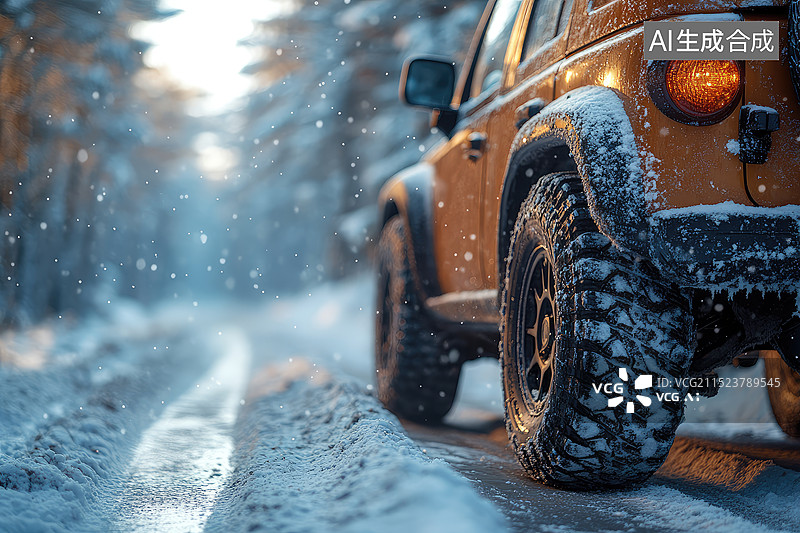 【AI数字艺术】雪天森林中行驶的汽车图片素材