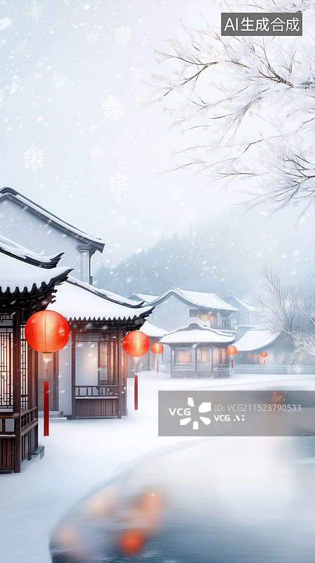 【AI数字艺术】雪景里的古镇人家图片素材