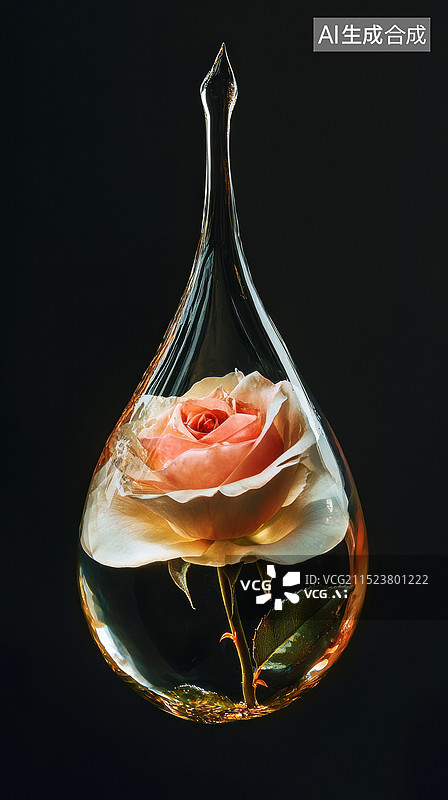 【AI数字艺术】3D高级感精油精华水滴内含玫瑰花朵的花香气味护肤粉色黑色时尚背景图片素材