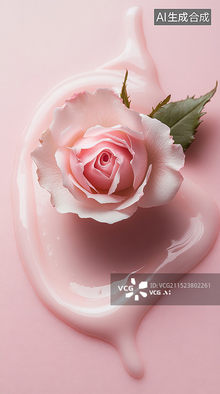 【AI数字艺术】3D高级感乳液面霜带大马士革玫瑰花朵的花香气味护肤粉色时尚背景图片素材