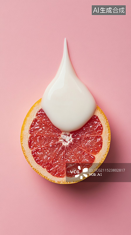 【AI数字艺术】3D护肤乳液面霜水滴带葡萄柚切片果香气味特写水珠装饰白色粉色极简液体时尚背景图片素材
