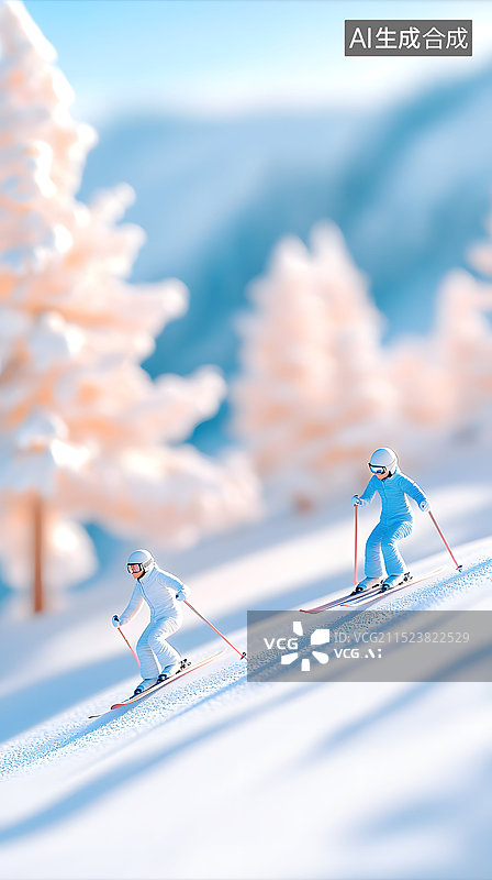【AI数字艺术】3d微缩双人滑雪图片素材