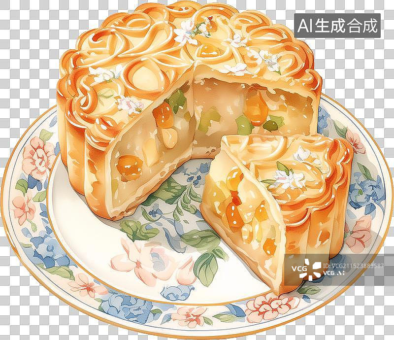 【AI数字艺术】彩瓷盘子上一个切开的五仁月饼水彩插画图片素材