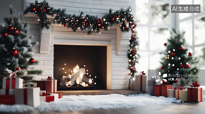 【AI数字艺术】下雪的冬天温暖室内圣诞花环挂在的壁炉上图片素材