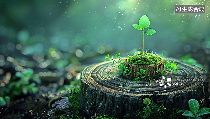 【AI数字艺术】木质纹理树木年轮发着小芽环保海报图片素材