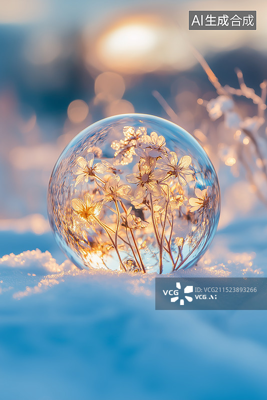 【AI数字艺术】雪地上的水晶球气泡里的花特写图片素材