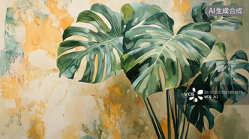 【AI数字艺术】水彩龟背竹图片素材
