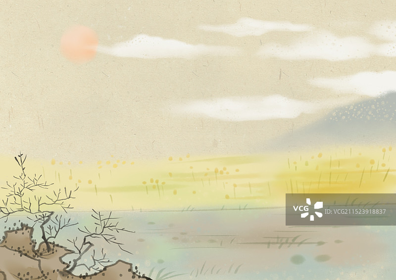 田野风景水墨插画图片素材