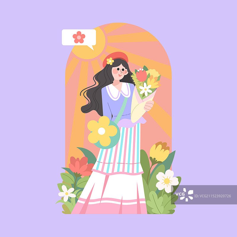 女孩与花扁平风人物插画图片素材