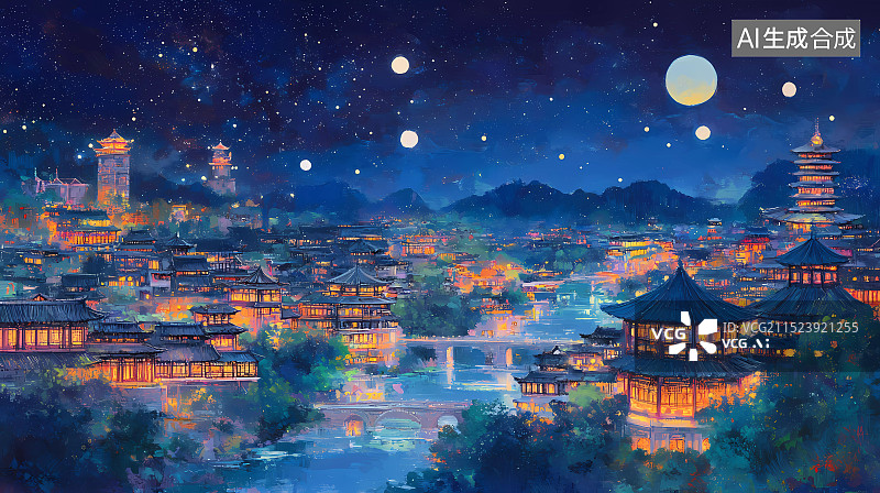 【AI数字艺术】星空下的中国江南水乡古代建筑油画图片素材