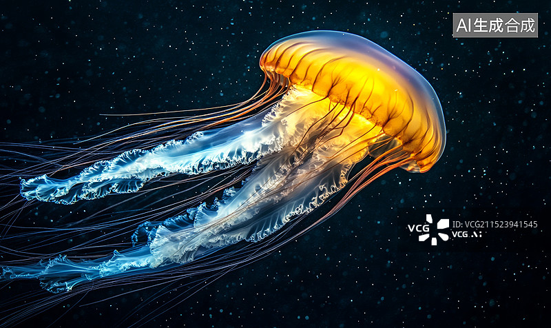 【AI数字艺术】深海里发光水母的特写照片，水母通体透明，触须很长，呈蓝黄色图片素材