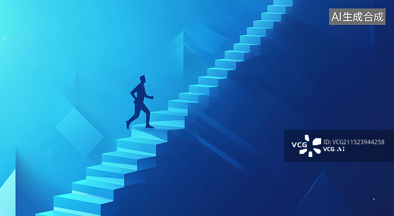 【AI数字艺术】一个逆光剪影，只见一个人正在努力地向上爬楼梯，背景是明亮的蓝色图片素材