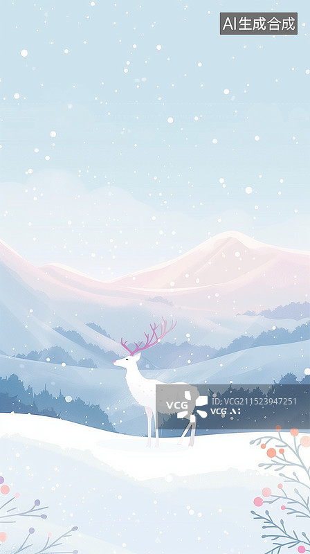 【AI数字艺术】宁静冬日仙境：动画风格的麋鹿在雪地上，远眺雪山山脉蓝天白云，童话故事背景梦幻森林的鹿，治愈系插画图片素材