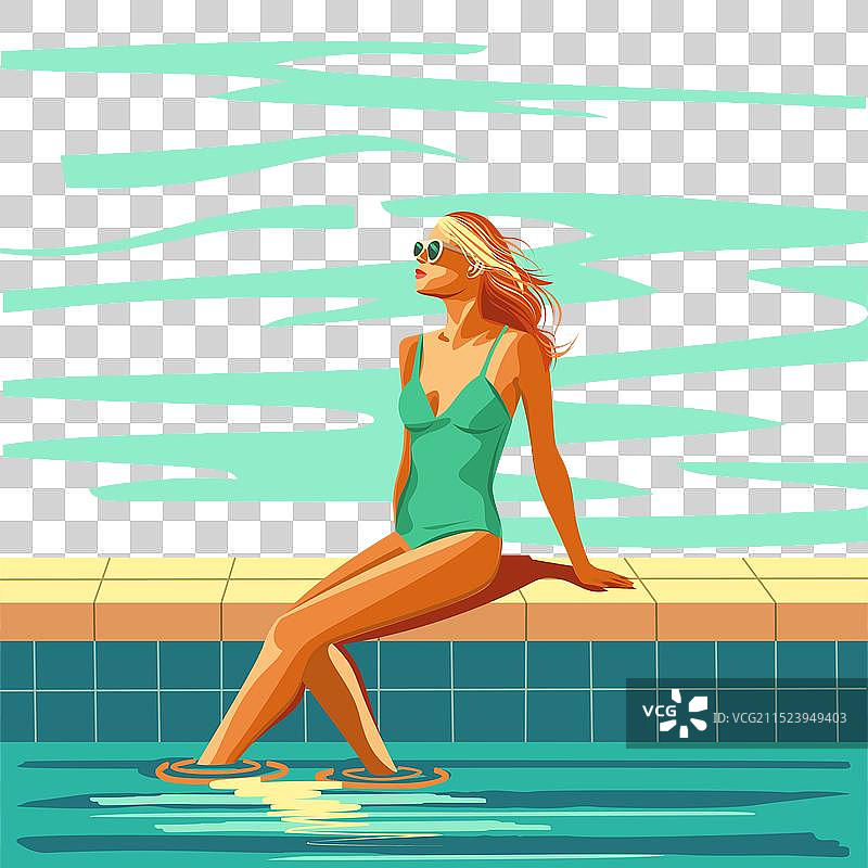坐在游泳池里的金发美女图片素材