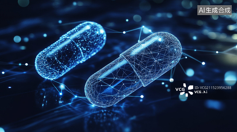 【AI数字艺术】两个发光的蓝白相间的药丸状物体，由数字线连接，背景为深色图片素材