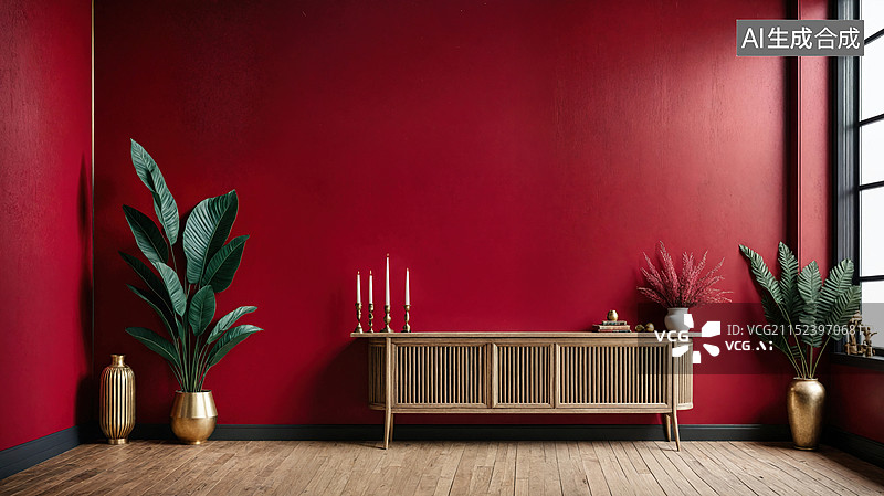 【AI数字艺术】红色墙壁上的金色装饰柜与植物搭配图片素材