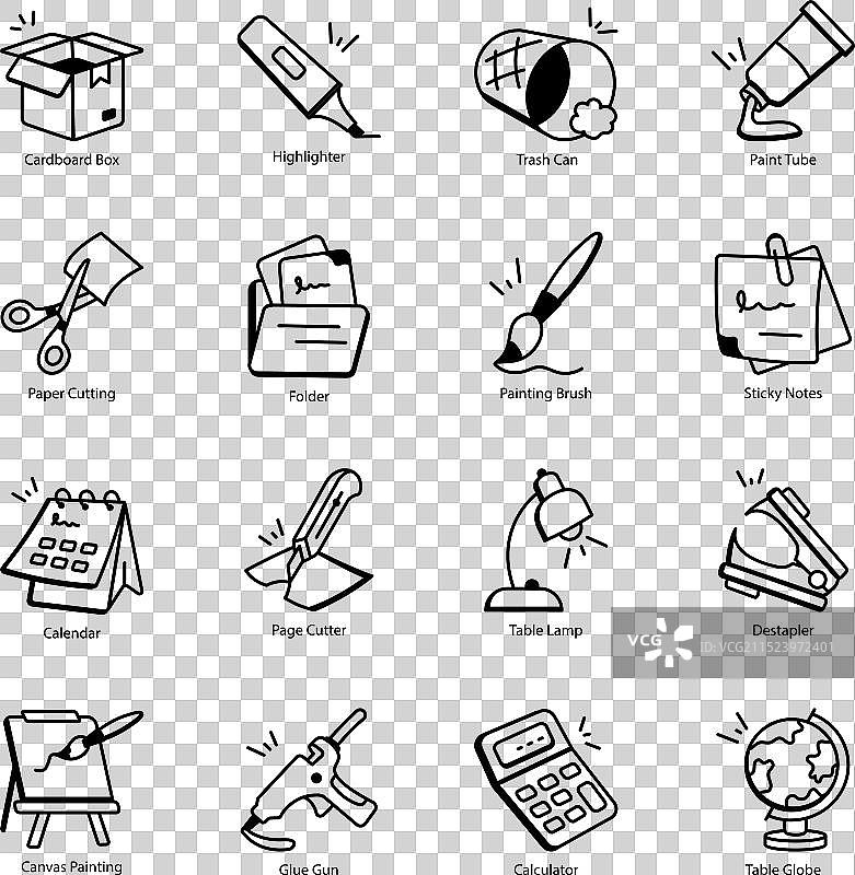 16个文具和办公用品轮廓图标包图片素材