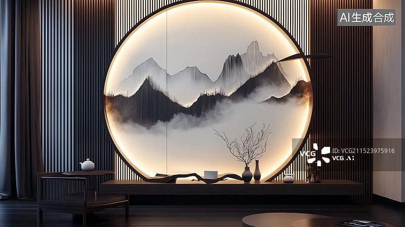 【AI数字艺术】中式现代室内设计图片素材