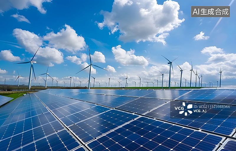 【AI数字艺术】太阳能光伏板和风力发电装置图片素材