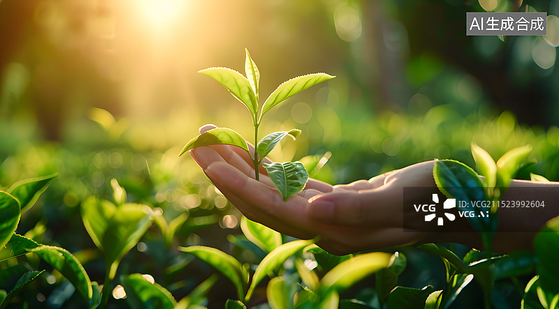 【AI数字艺术】手部采摘茶叶特写图片素材