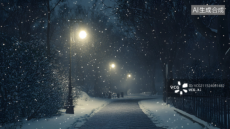 【AI数字艺术】降雪时树木丛中的空路图片素材