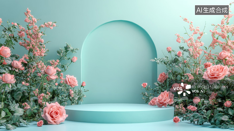 【AI数字艺术】温馨的绿色展台与花卉装饰，背景简约柔和图片素材
