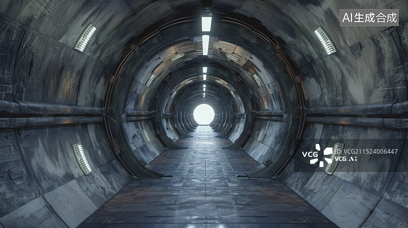 【AI数字艺术】太空飞船走廊 具有轻型内部视图的未来派隧道 未来背景商业科幻或科学概念图片素材