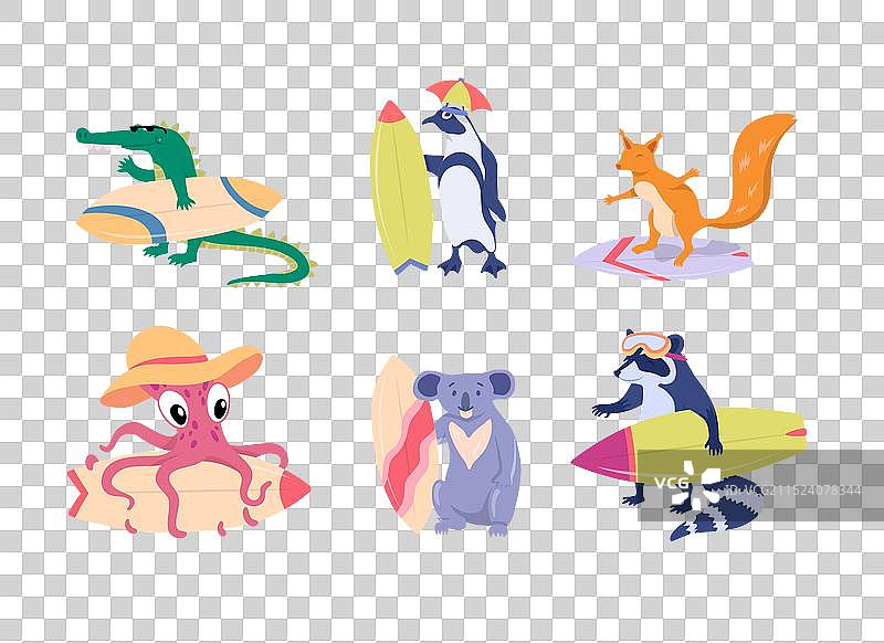 卡通彩色动物冲浪者套装图片素材
