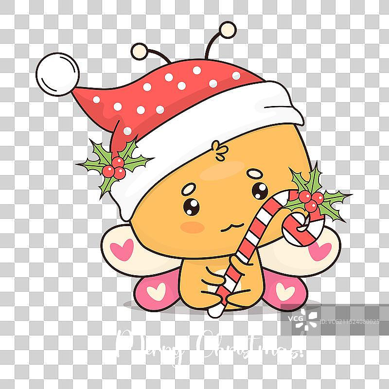 戴着圣诞帽、拿着糖果手杖的圣诞蝴蝶图片素材