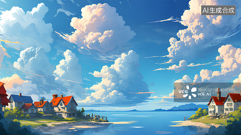 【AI数字艺术】风景主题插画 海洋小岛上的城堡别墅图片素材