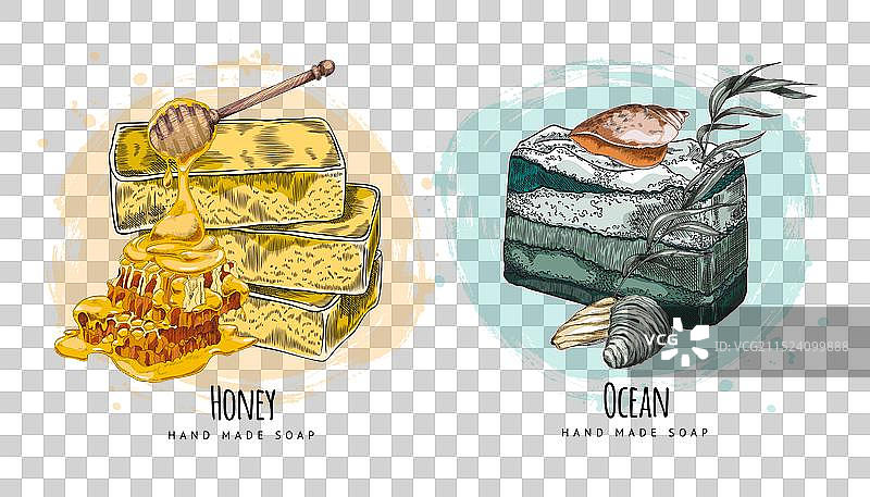 手工蜂蜜皂和蓝色海洋皂套装图片素材