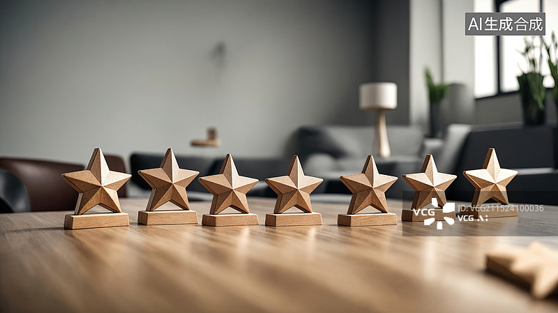 【AI数字艺术】金色星星奖杯排列在木桌上图片素材