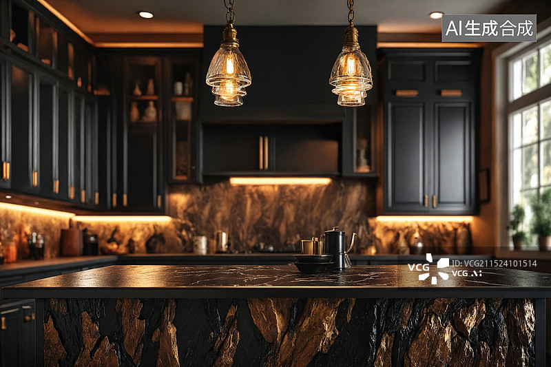 【AI数字艺术】黑色厨房中的现代岛台设计图片素材
