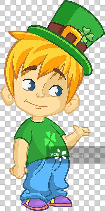 戴着圣帕特里克绿色帽子的可爱卡通男孩图片素材