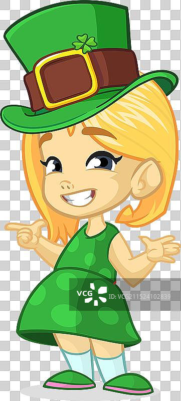 戴着圣帕特里克绿色帽子的可爱卡通女孩图片素材