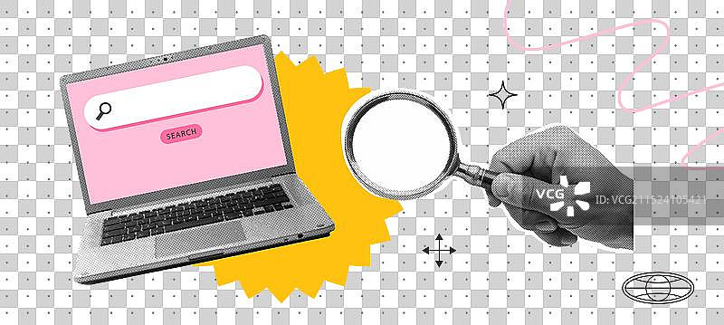 手持放大镜搜索栏的半色调图像图片素材