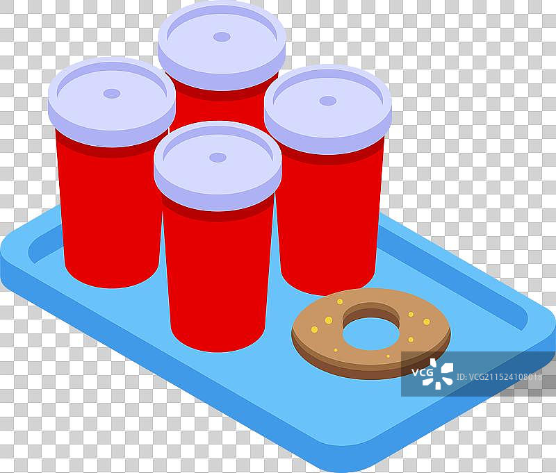 四个红色纸咖啡杯和一个甜甜圈图片素材