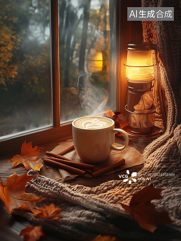 【AI数字艺术】秋天冬天午后木桌上放着一杯热气腾腾的南瓜香料拿铁，周围是秋叶和舒适的针织毯子图片素材