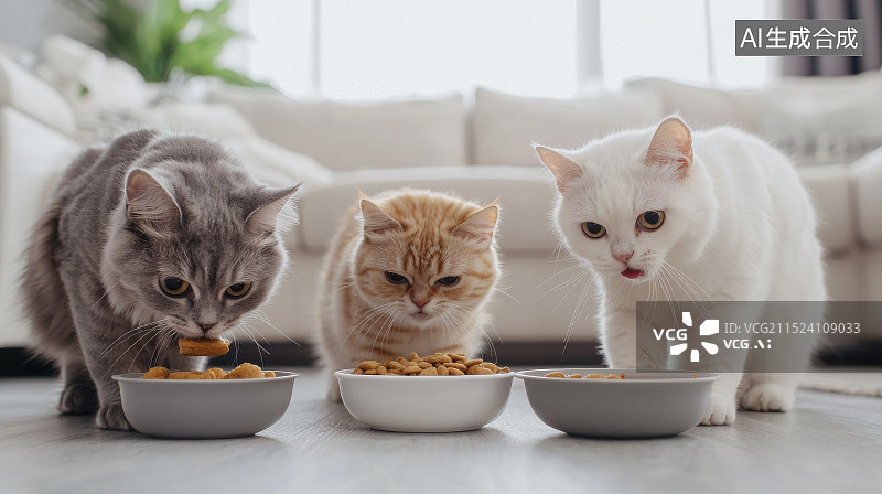 【AI数字艺术】三只猫咪一起享用美味食物图片素材