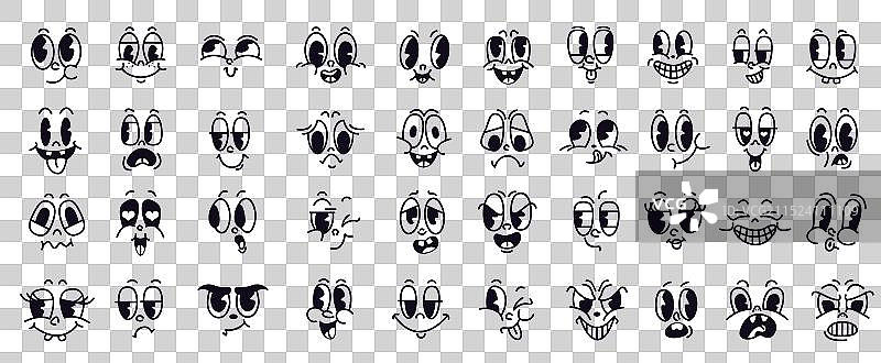 白色背景上的复古卡通滑稽面孔图标集图片素材