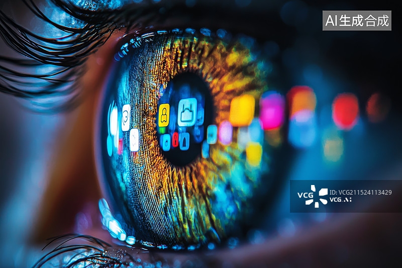 【AI数字艺术】眼睛反射社交媒体图标的特写图片素材