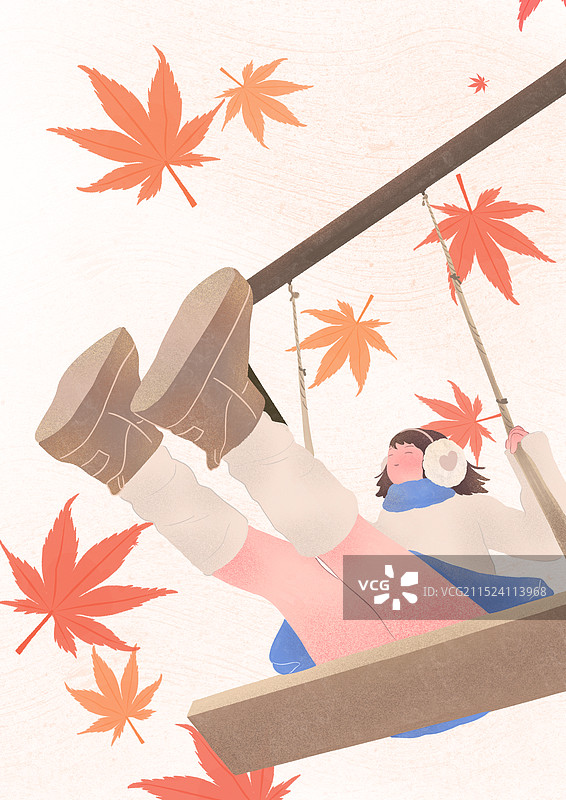 秋日里荡秋千的女孩风景插画图片素材