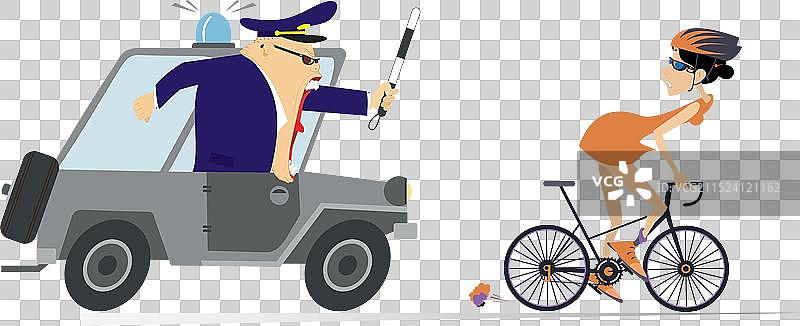 愤怒的交警追赶骑自行车的女子图片素材