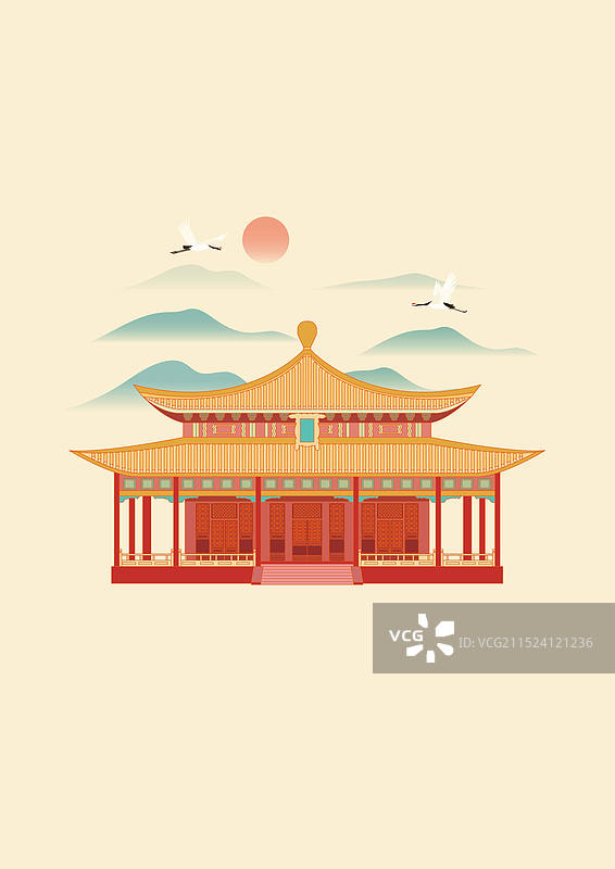 城市风光矢量插画系列—国潮风 北京 国子监 孔庙 辟雍殿图片素材