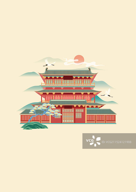 城市风光矢量插画系列—国潮风  江西省 九江市 九江浔阳楼图片素材