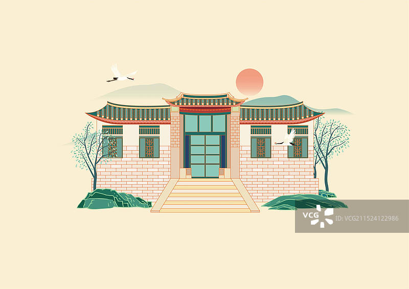 城市风光矢量插画系列—国潮风 山东省 栖霞市 牟氏庄园 烟台 栖霞牟氏庄园图片素材