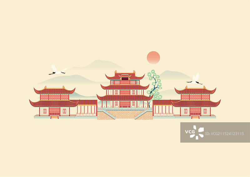 城市风光矢量插画系列—国潮风 湖南省 长沙市 天心阁景区 长沙天心阁图片素材